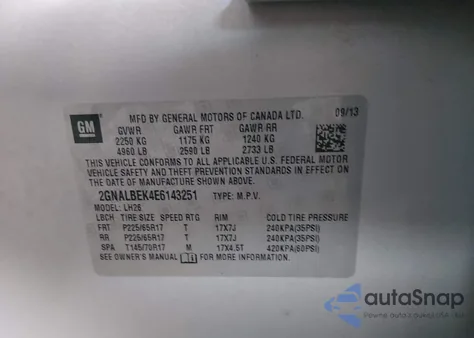 2014 Chevrolet Equinox 1Lt z USA, uszkodzony, nr VIN 2GNALBEK4E6143251